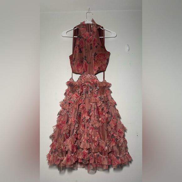 Mac Duggal Barbie Pink Floral Ruffled Cutout Dainty Halter Mini Dress Size 6 - Picture 6 of 16